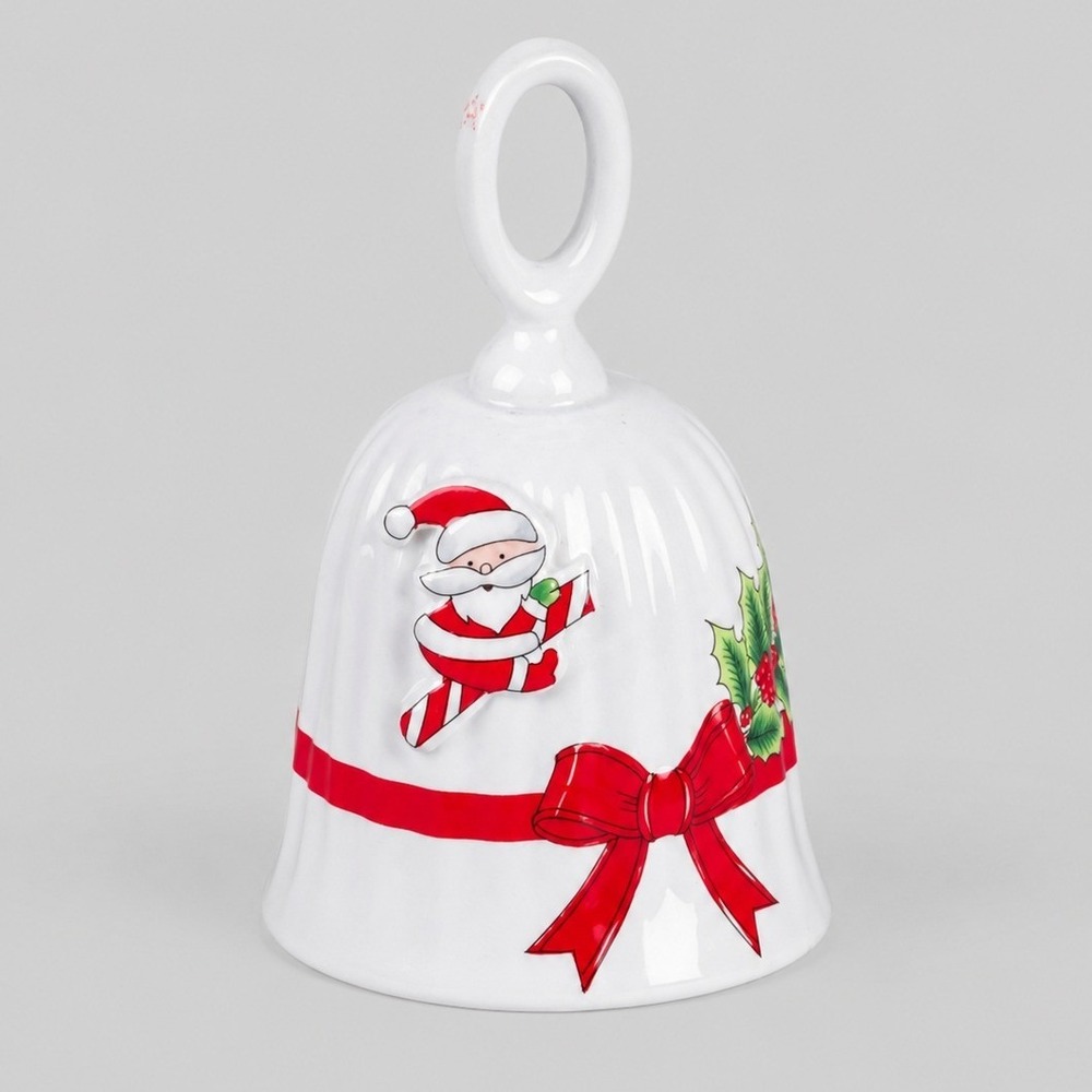 Vintage Christmas Ceramic Santa Claus Hand Bell Holly Ribbon Made in Japan 5"